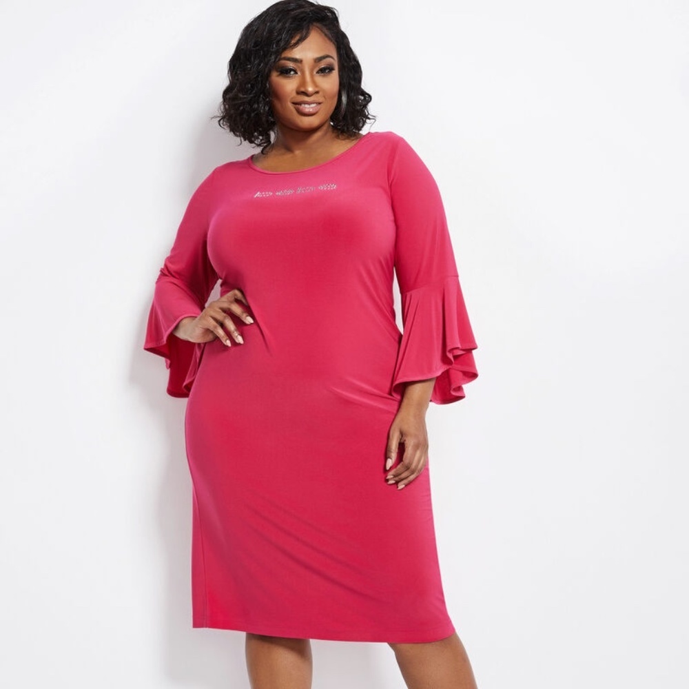 Bebe Rhinestone Logo Bell Sleeve Dress NWT 14/16